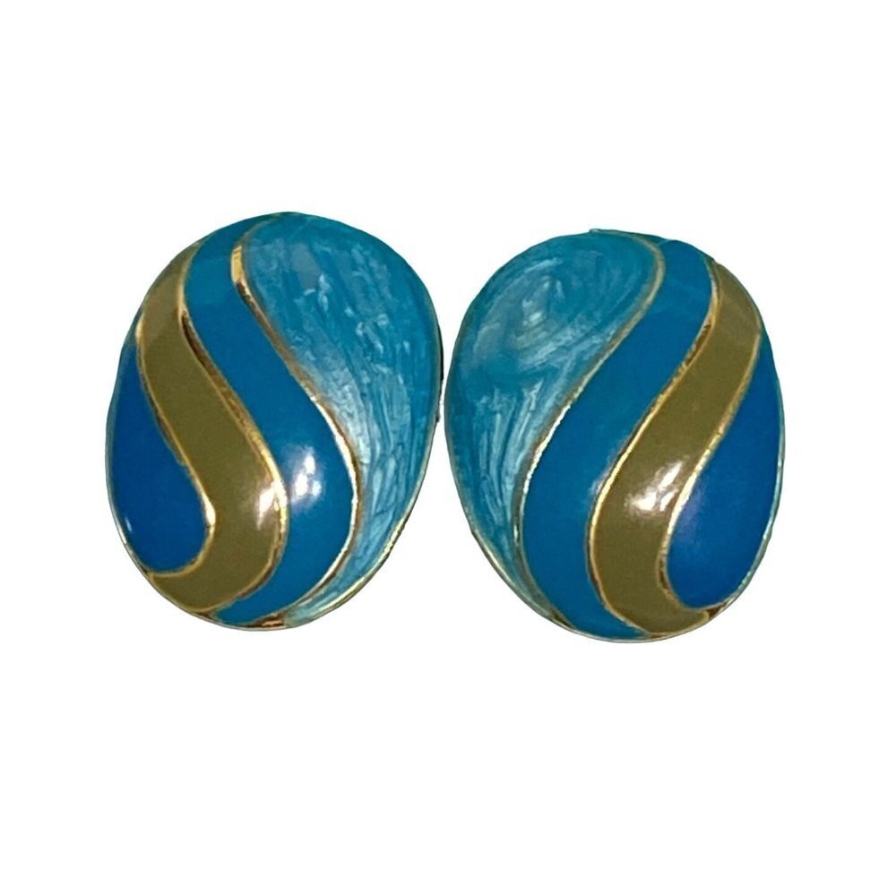 Vintage turquoise & gold enamel striped clip on earrings - 80s enamel clips‎